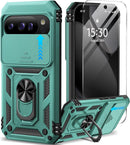 for Google Pixel 9A Case with Screen Protector & Slide Camera Lens Cover,Built - In 360°Rotate Magnetic Ring Stand Shockproof Protective Phone Case for Google Pixel 9A Case (Blue)