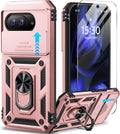 for Google Pixel 9A Case with Screen Protector & Slide Camera Lens Cover,Built - In 360°Rotate Magnetic Ring Stand Shockproof Protective Phone Case for Google Pixel 9A Case (Blue)