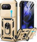 for Google Pixel 9A Case with Screen Protector & Slide Camera Lens Cover,Built - In 360°Rotate Magnetic Ring Stand Shockproof Protective Phone Case for Google Pixel 9A Case (Blue)