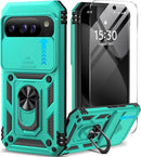 for Google Pixel 9A Case with Screen Protector & Slide Camera Lens Cover,Built - In 360°Rotate Magnetic Ring Stand Shockproof Protective Phone Case for Google Pixel 9A Case (Blue)