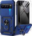 for Google Pixel 9A Case with Screen Protector & Slide Camera Lens Cover,Built - In 360°Rotate Magnetic Ring Stand Shockproof Protective Phone Case for Google Pixel 9A Case (Blue)