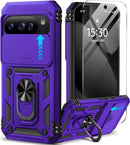 for Google Pixel 9A Case with Screen Protector & Slide Camera Lens Cover,Built - In 360°Rotate Magnetic Ring Stand Shockproof Protective Phone Case for Google Pixel 9A Case (Blue)