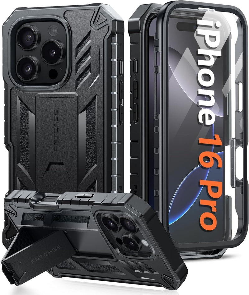 for Iphone 16 Pro Case: Military Grade Drop Proof Protection Mobile Cover with Kickstand | Matte Textured Rugged Shockproof TPU | Protective Sturdy Phone Case - 6.3 Inch Black