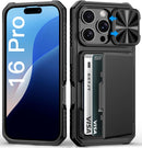 Iphone 16 Pro Case Wallet, Built Card Holder Slide Camera Cover, Military Grade Drop Protection