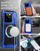 Blue metal iPhone 16 Pro case with Magsafe military grade protection a sliding camera cover and a built in kickstand