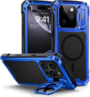 Blue metal iPhone 16 Pro case with Magsafe military grade protection a sliding camera cover and a built in kickstand