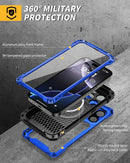 Blue metal iPhone 16 Pro case with Magsafe military grade protection a sliding camera cover and a built in kickstand