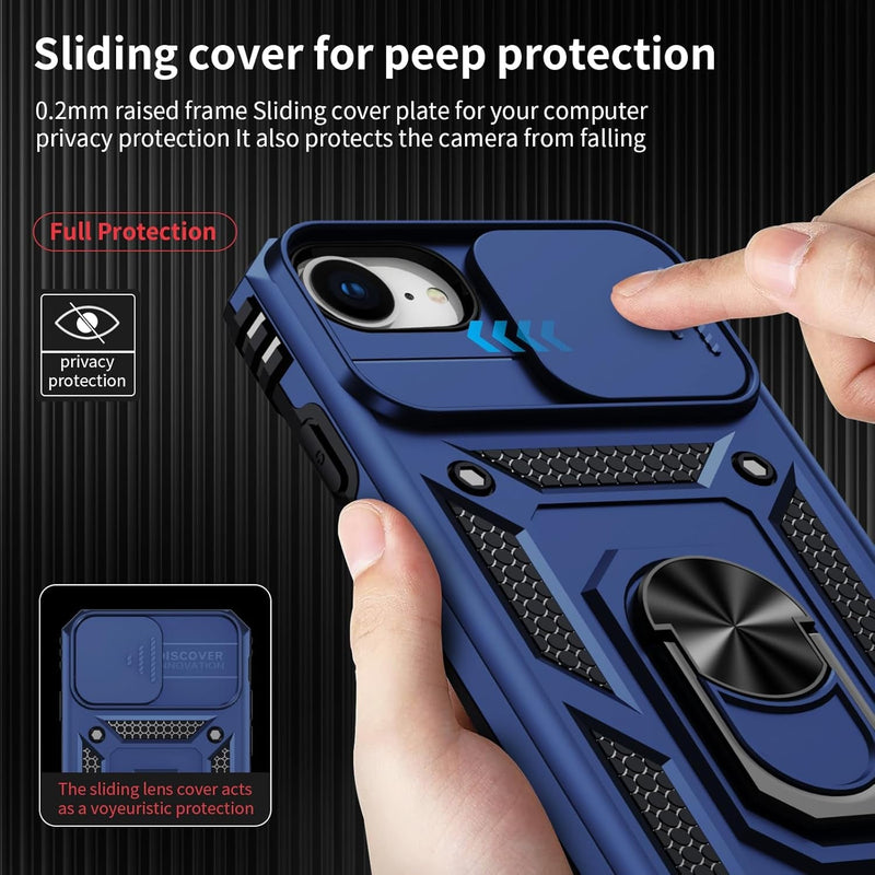 for Iphone 16E Case with Camera Lens Cover, HD Screen Protector, 10 FT Military Grade Drop Protection, Magnetic Ring Holder Kickstand Protective Phone Case, Navy Blue - Gorilla Cases