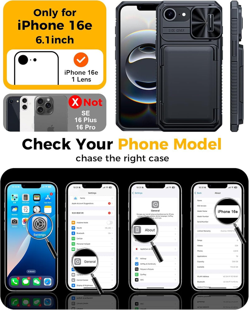 For Iphone 16E Case with Card Holder (4 - 5 Cards) [Slide Camera Cover] [RFID Blocking] Shockproof Rugged Back Silicone Wallet Phone Case for Iphone 16E 6.1 Inches, Black - Gorilla Cases