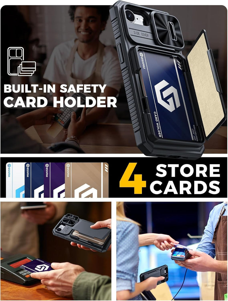 For Iphone 16E Case with Card Holder (4 - 5 Cards) [Slide Camera Cover] [RFID Blocking] Shockproof Rugged Back Silicone Wallet Phone Case for Iphone 16E 6.1 Inches, Black - Gorilla Cases