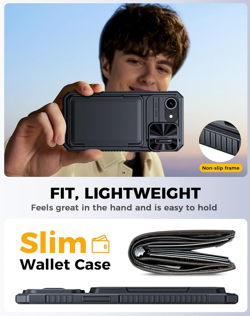For Iphone 16E Case with Card Holder (4 - 5 Cards) [Slide Camera Cover] [RFID Blocking] Shockproof Rugged Back Silicone Wallet Phone Case for Iphone 16E 6.1 Inches, Black - Gorilla Cases