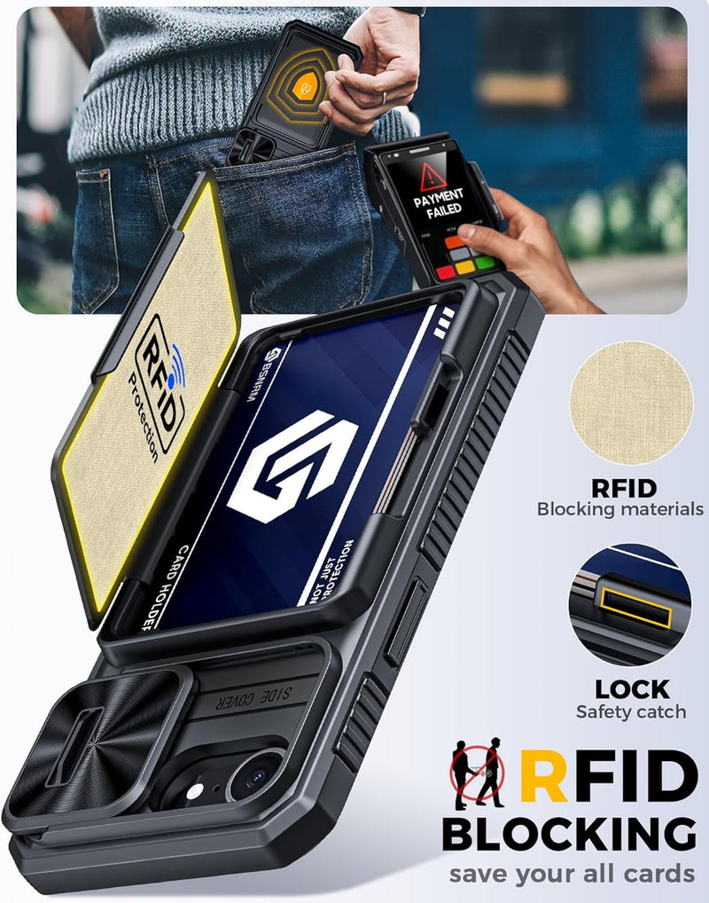 For Iphone 16E Case with Card Holder (4 - 5 Cards) [Slide Camera Cover] [RFID Blocking] Shockproof Rugged Back Silicone Wallet Phone Case for Iphone 16E 6.1 Inches, Black - Gorilla Cases