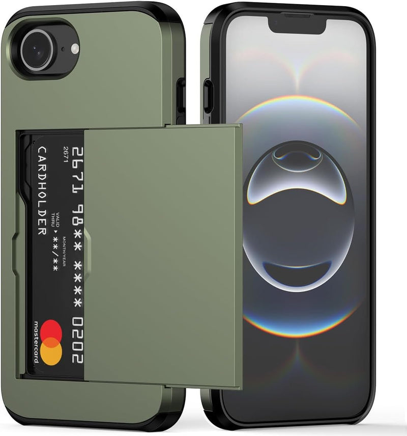 for Iphone 16E Case with Card Holder Dual Layer Heavy Duty Protective Hidden Card Slot Slim Wallet Cover for Iphone 16E 6.1''(Green) - Gorilla Cases