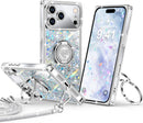 for Iphone 17 Pro Max Case, Glitter Bling Phone Cover with 2 - Ring Heart Stand & Lanyard, Women Girls Luxury Rhinestone Shockproof Protective Case for Iphone 17 Pro Max, Pink