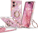 for Iphone 17 Pro Max Case, Glitter Bling Phone Cover with 2 - Ring Heart Stand & Lanyard, Women Girls Luxury Rhinestone Shockproof Protective Case for Iphone 17 Pro Max, Pink