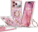 for Iphone 17 Pro Max Case, Glitter Bling Phone Cover with 2 - Ring Heart Stand & Lanyard, Women Girls Luxury Rhinestone Shockproof Protective Case for Iphone 17 Pro Max, Pink