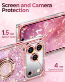 for Iphone 17 Pro Max Case, Glitter Bling Phone Cover with 2 - Ring Heart Stand & Lanyard, Women Girls Luxury Rhinestone Shockproof Protective Case for Iphone 17 Pro Max, Pink