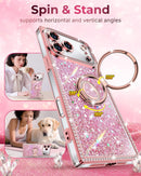 for Iphone 17 Pro Max Case, Glitter Bling Phone Cover with 2 - Ring Heart Stand & Lanyard, Women Girls Luxury Rhinestone Shockproof Protective Case for Iphone 17 Pro Max, Pink
