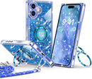 for Iphone 17 Pro Max Case, Glitter Bling Phone Cover with 2 - Ring Heart Stand & Lanyard, Women Girls Luxury Rhinestone Shockproof Protective Case for Iphone 17 Pro Max, Pink