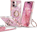 for Iphone 17 Pro Max Case, Glitter Bling Phone Cover with 2 - Ring Heart Stand & Lanyard, Women Girls Luxury Rhinestone Shockproof Protective Case for Iphone 17 Pro Max, Pink