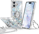 for Iphone 17 Pro Max Case, Glitter Bling Phone Cover with 2 - Ring Heart Stand & Lanyard, Women Girls Luxury Rhinestone Shockproof Protective Case for Iphone 17 Pro Max, Pink