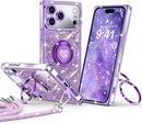 for Iphone 17 Pro Max Case, Glitter Bling Phone Cover with 2 - Ring Heart Stand & Lanyard, Women Girls Luxury Rhinestone Shockproof Protective Case for Iphone 17 Pro Max, Pink