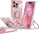 for Iphone 17 Pro Max Case, Glitter Bling Phone Cover with 2 - Ring Heart Stand & Lanyard, Women Girls Luxury Rhinestone Shockproof Protective Case for Iphone 17 Pro Max, Pink