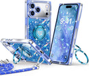 for Iphone 17 Pro Max Case, Glitter Bling Phone Cover with 2 - Ring Heart Stand & Lanyard, Women Girls Luxury Rhinestone Shockproof Protective Case for Iphone 17 Pro Max, Pink