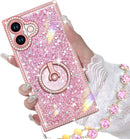 for Iphone 17 Pro Max Case with Ring Stand, Glitter Sparkle Phone Case for Women Girls, Rhinestone Luxury Protective Cover for Iphone 17 Pro Max 6.9", Pink