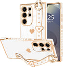 For Samsung Galaxy S26 Ultra Case Cute Love - Heart Plating Strap for Women Girls Bling Silicone Camera Protection Bumper Shockproof Phone Case for Samsung Galaxy S26 Ultra 5G - Dark Purple