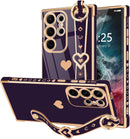 For Samsung Galaxy S26 Ultra Case Cute Love - Heart Plating Strap for Women Girls Bling Silicone Camera Protection Bumper Shockproof Phone Case for Samsung Galaxy S26 Ultra 5G - Dark Purple