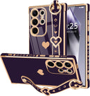For Samsung Galaxy S26 Ultra Case Cute Love - Heart Plating Strap for Women Girls Bling Silicone Camera Protection Bumper Shockproof Phone Case for Samsung Galaxy S26 Ultra 5G - Dark Purple