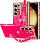 For Samsung Galaxy S26 Ultra Case Cute Love - Heart Plating Strap for Women Girls Bling Silicone Camera Protection Bumper Shockproof Phone Case for Samsung Galaxy S26 Ultra 5G - Dark Purple