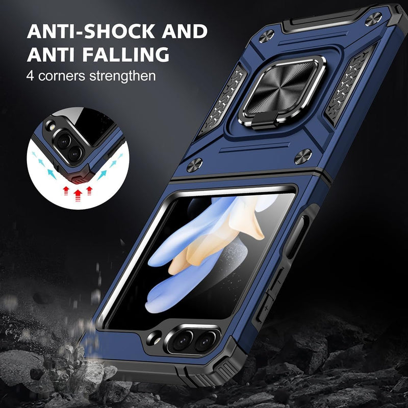 For Samsung Galaxy Z Flip 6 5G Case, 1 Pack Tempered Glass Screen Protector, with 360 Ring Holder Stand Magnetic, Shockproof Military Drop Protection Case - Blue