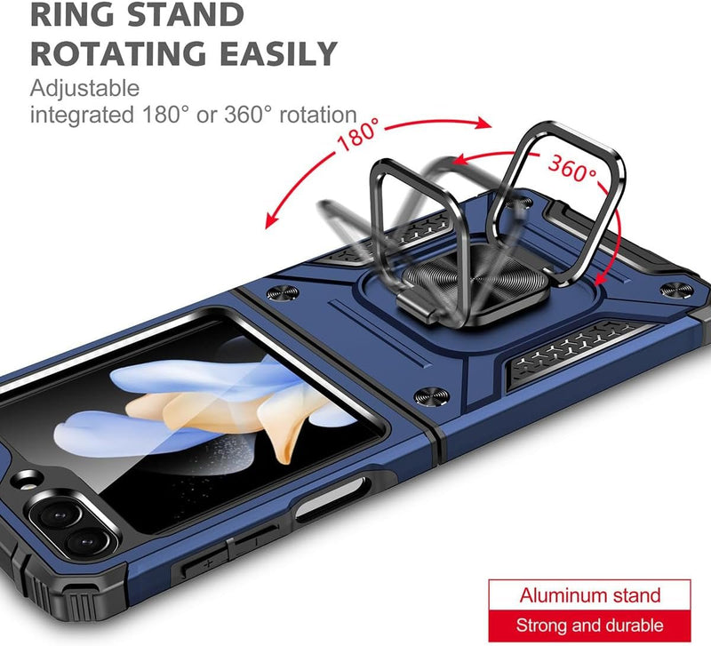 For Samsung Galaxy Z Flip 6 5G Case, 1 Pack Tempered Glass Screen Protector, with 360 Ring Holder Stand Magnetic, Shockproof Military Drop Protection Case - Blue