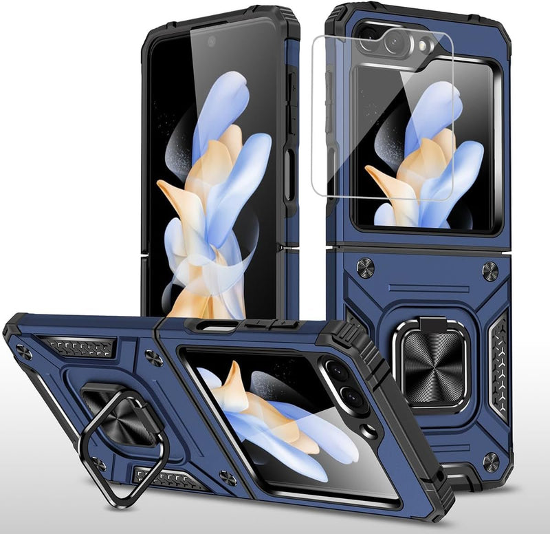 For Samsung Galaxy Z Flip 6 5G Case, 1 Pack Tempered Glass Screen Protector, with 360 Ring Holder Stand Magnetic, Shockproof Military Drop Protection Case - Blue