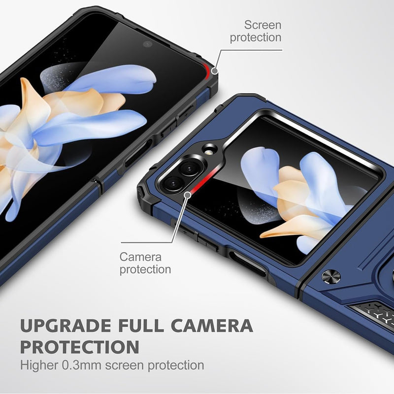 For Samsung Galaxy Z Flip 6 5G Case, 1 Pack Tempered Glass Screen Protector, with 360 Ring Holder Stand Magnetic, Shockproof Military Drop Protection Case - Blue