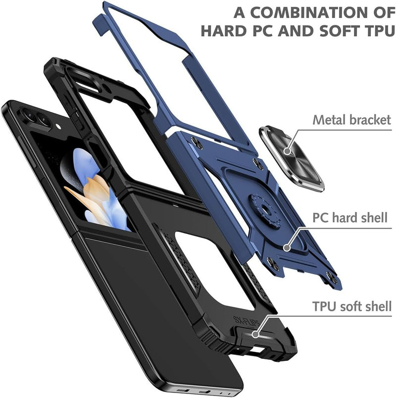 For Samsung Galaxy Z Flip 6 5G Case, 1 Pack Tempered Glass Screen Protector, with 360 Ring Holder Stand Magnetic, Shockproof Military Drop Protection Case - Blue