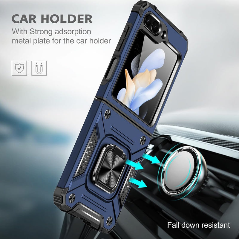 For Samsung Galaxy Z Flip 6 5G Case, 1 Pack Tempered Glass Screen Protector, with 360 Ring Holder Stand Magnetic, Shockproof Military Drop Protection Case - Blue