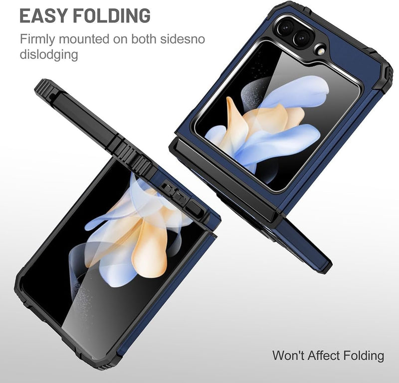 For Samsung Galaxy Z Flip 6 5G Case, 1 Pack Tempered Glass Screen Protector, with 360 Ring Holder Stand Magnetic, Shockproof Military Drop Protection Case - Blue