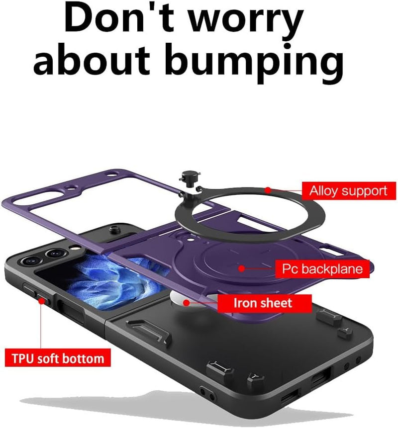 For Samsung Galaxy Z Flip 6 Case Magnetic with Front Screen Protector & Kickstand [Compatible with Magsafe], Shockproof Heavy Duty Protective Phone Case Cover for Galaxy Z Flip 6，Purple