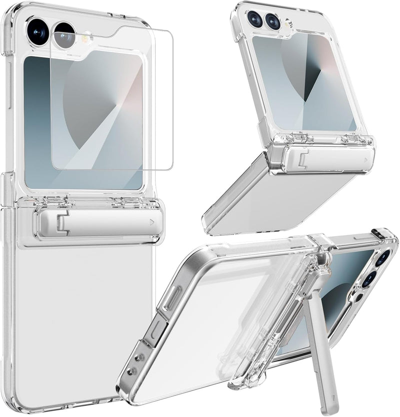 For Samsung Galaxy Z Flip 6 Case with Kickstand, Flip6 Case Phone Case with Hinge Protection Screen Protector Scratch - Resistant All - Inclusive Stand Protective Cover for Z Fold 6 Clear
