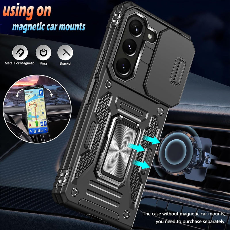 For Samsung Galaxy Z Fold 6 Phone Case with Ring Kickstand & Slide Camera Cover, Shockproof Protective Bumper Fold6 Case for Galaxy Z Fold 6 5G (Black, for Samsung Galaxy Z Fold 6)