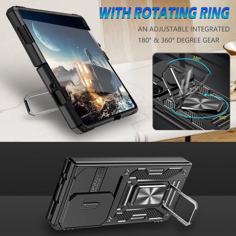 For Samsung Galaxy Z Fold 6 Phone Case with Ring Kickstand & Slide Camera Cover, Shockproof Protective Bumper Fold6 Case for Galaxy Z Fold 6 5G (Black, for Samsung Galaxy Z Fold 6)