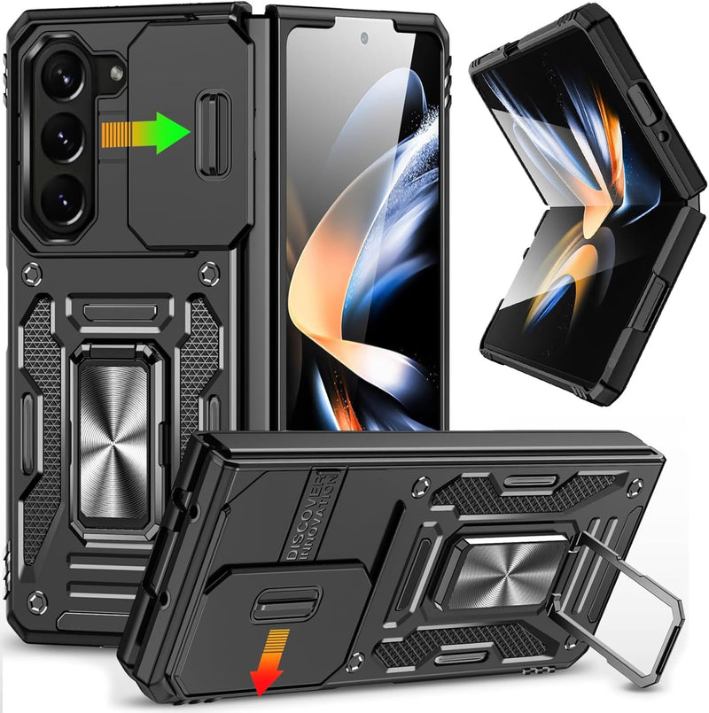 For Samsung Galaxy Z Fold 6 Phone Case with Ring Kickstand & Slide Camera Cover, Shockproof Protective Bumper Fold6 Case for Galaxy Z Fold 6 5G (Black, for Samsung Galaxy Z Fold 6)