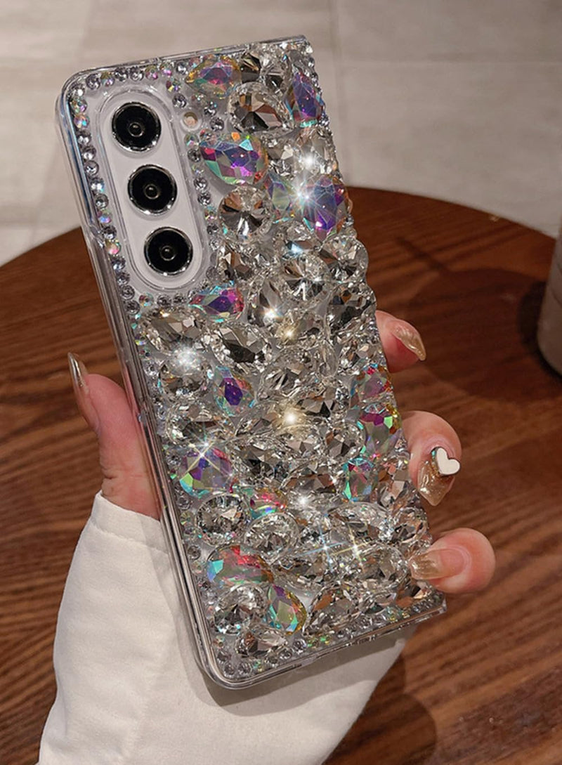 for Samsung Galaxy Z Fold 7 Case Bling Diamond Glitter Girly Design,Galaxy Fold 7 Case Handmade Holographic Sparkle Crystal Rhinestone Soft TPU Bumper Cover for Samsung Z Fold 7 for Women Girls White