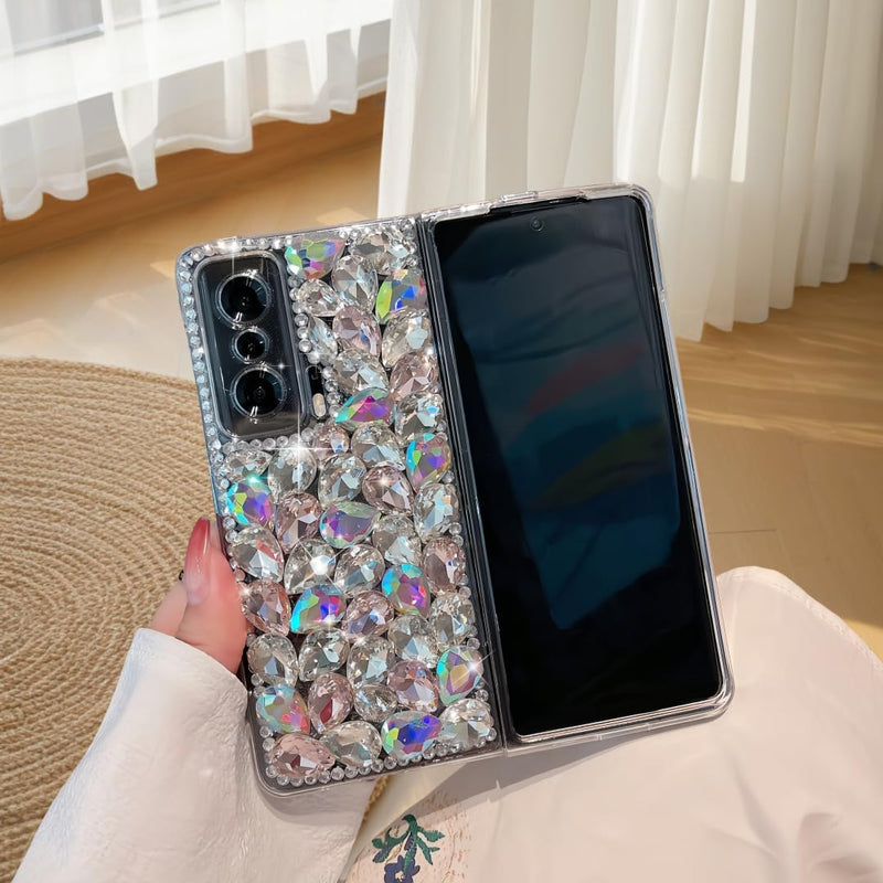 for Samsung Galaxy Z Fold 7 Case Bling Diamond Glitter Girly Design,Galaxy Fold 7 Case Handmade Holographic Sparkle Crystal Rhinestone Soft TPU Bumper Cover for Samsung Z Fold 7 for Women Girls White