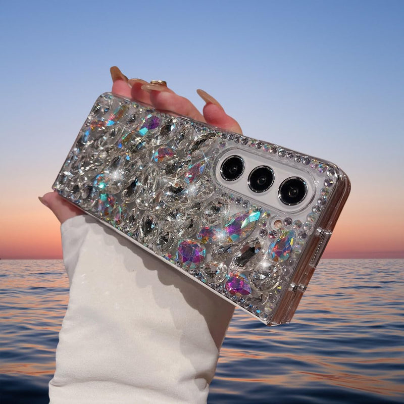 for Samsung Galaxy Z Fold 7 Case Bling Diamond Glitter Girly Design,Galaxy Fold 7 Case Handmade Holographic Sparkle Crystal Rhinestone Soft TPU Bumper Cover for Samsung Z Fold 7 for Women Girls White