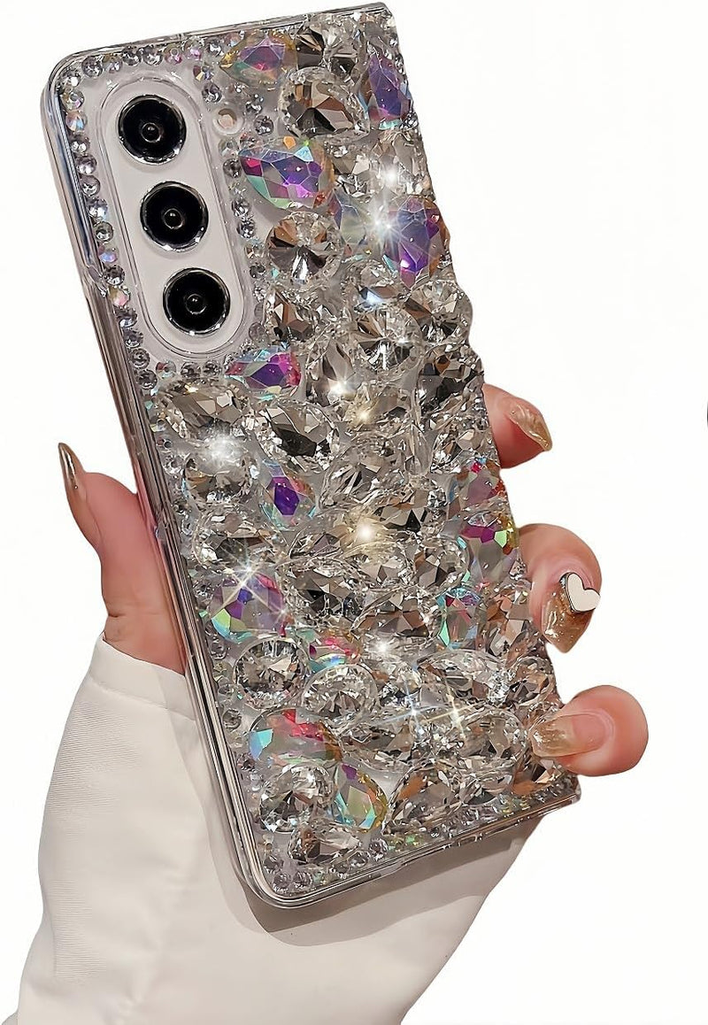 for Samsung Galaxy Z Fold 7 Case Bling Diamond Glitter Girly Design,Galaxy Fold 7 Case Handmade Holographic Sparkle Crystal Rhinestone Soft TPU Bumper Cover for Samsung Z Fold 7 for Women Girls White