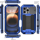 Heavy duty blue metal and silicone hybrid case for iPhone 16 Plus with kickstand slide camera cover and screen protector